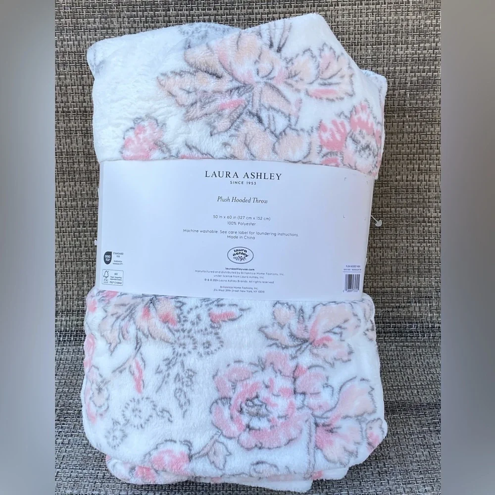 LAURA ASHLEY Pink Flowers Polyester Soft Plush Hooded Throw Blanket 50